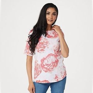 Quacker Factory elbow slv printed bloom top in TURQUOISE & WHITE w/rhinestones